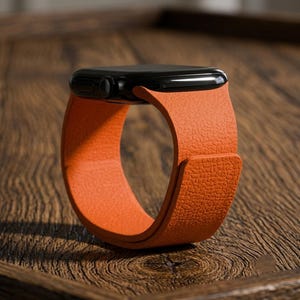 May include: A smartwatch with a black rectangular case and a textured orange leather band. The band features a smooth, continuous loop design with a visible overlapping closure section, showcasing a distinct pebbled grain surface texture.