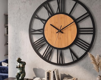 Reloj de pared grande de metal: 40 cm, silencioso, con números romanos, estilo industrial rústico.