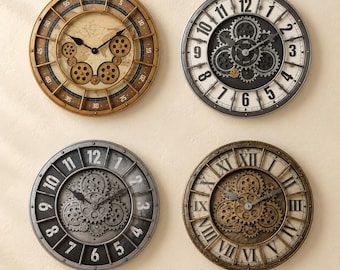 Reloj de pared retro industrial con números romanos y engranajes, de cuarzo silencioso.