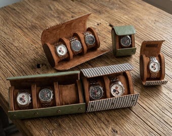 Estuche enrollable de cuero para relojes, caja organizadora portátil, almohadillas extraíbles, almacenamiento seguro para hombres.
