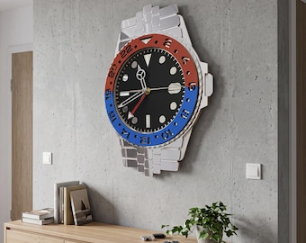 Reloj de pared de lujo inspirado en relojes de pulsera, espejo acrílico rojo y azul, cuarzo silencioso (decoración para la cueva del hombre)