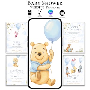May include: A smartphone displaying a Winnie the Pooh baby shower website template with a central illustration of Pooh holding a blue balloon. Surrounding the phone are four digital cards featuring Winnie the Pooh characters, balloons, and text for a diaper raffle, book request, countdown, and save the date.