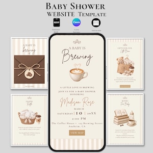 May include: A digital baby shower website template featuring a coffee-themed design with a central smartphone display showing event details for Madison Rose. The layout includes sections for RSVP, gift registry, diaper raffle, and book requests.