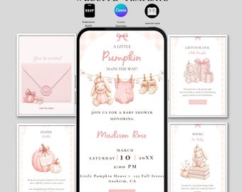 Pink Pumpkin Baby Shower Invitation Template | Canva Fall Baby Girl | Coquette Halloween Theme | Little Pumpkin Digital Invite with RSVP