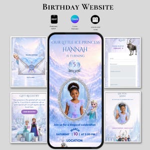 Puede incluir: Una plantilla de sitio web de cumpleaños digital con un diseño temático de hielo, personajes y texto que incluye Our Little Ice Princess Hannah Is Turning 5, Join us for a magical celebration, March 10 y Location. Incluye RSVP y lista de regalos.