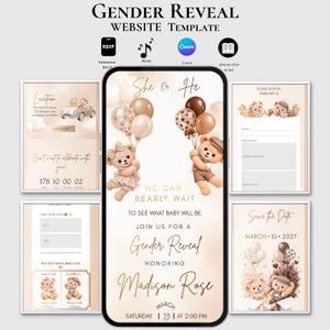 Może przedstawiać: Szablon strony internetowej typu gender reveal wyświetlany na ekranie smartfona, z ilustracjami misiów, balonami, tekstem She Or He, We Can Bearly Wait oraz szczegółami wydarzenia dla Madison Rose na 10 marca 2027 roku, z sekcjami RSVP i mapą.