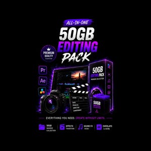 Op de afbeelding: Een digitaal productpakket getiteld All-In-One 50GB Editing Pack met een camera, een filmklapper en softwarepictogrammen. De afbeelding gebruikt een zwarte achtergrond met paarse neonaccenten en toont tekst zoals Premium Quality en 50GB Massive Collection.