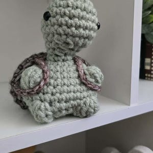 May include: A small, handmade crochet turtle toy featuring a light sage green body and a textured, dark brown shell. The plush figure has two black bead eyes and is crafted with visible yarn stitches, showcasing a rounded head and small limbs.