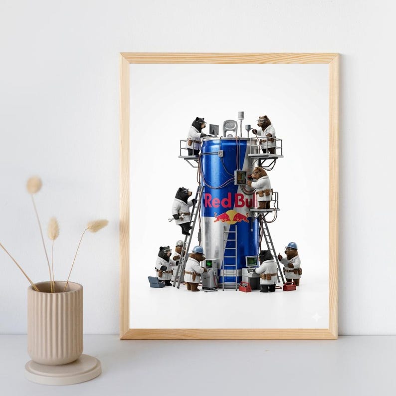 May include: A framed art print featuring a large blue and silver Red Bull energy drink can being serviced by several anthropomorphic bears wearing white lab coats and hard hats, using ladders, tools, and computer equipment on a white background.
