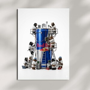 May include: A large blue and silver Red Bull energy drink can surrounded by several brown bears wearing white lab coats and safety gear. The bears are positioned on ladders and platforms, interacting with electrical wires and computer equipment.