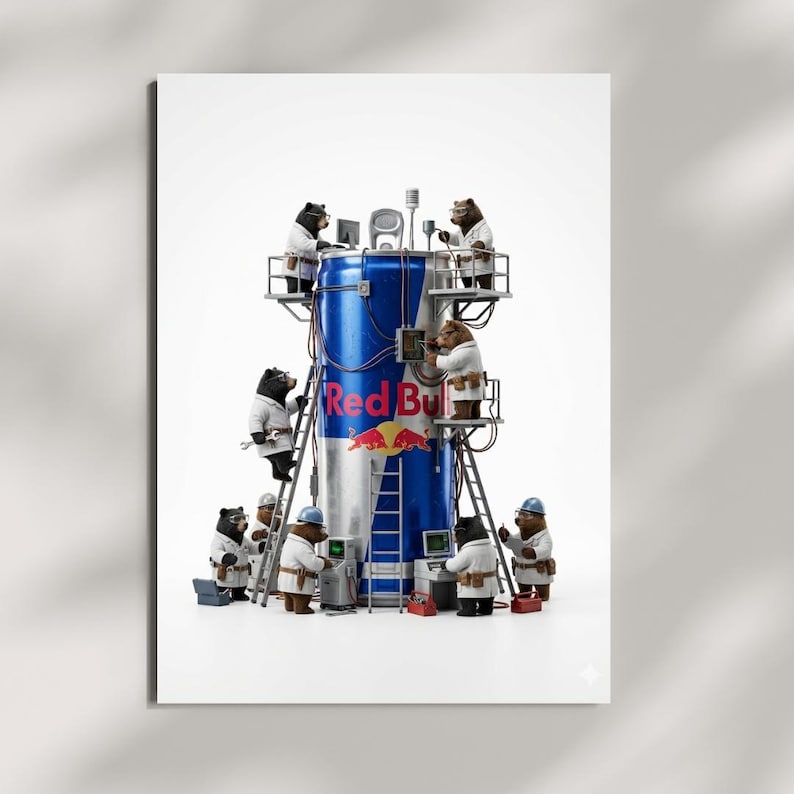 May include: A large blue and silver Red Bull energy drink can surrounded by several brown bears wearing white lab coats and safety gear. The bears are positioned on ladders and platforms, interacting with electrical wires and computer equipment.