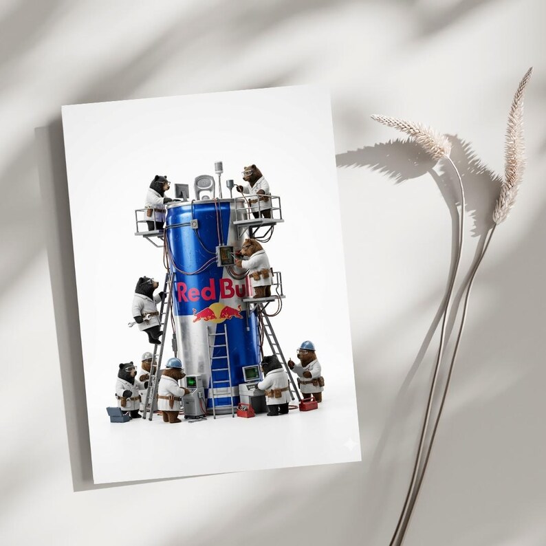 May include: A rectangular print featuring a large blue and silver Red Bull energy drink can surrounded by several brown bears wearing white lab coats and blue hard hats. The bears are using ladders, tools, and computers to work on the can.