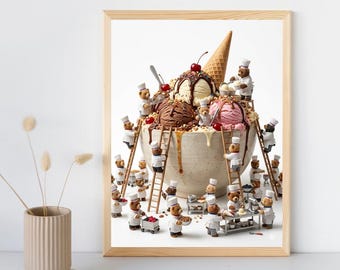 Miniature Bears Building Ice Cream Sundae, Whimsical 3D Render, Kitchen Wall Decor, Art Print