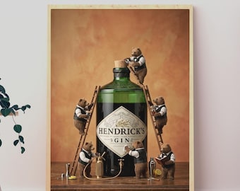 Tiny Bears and Hendrick's Gin, Whimsical 3D Render, Home Bar Wall Decor, Art Print