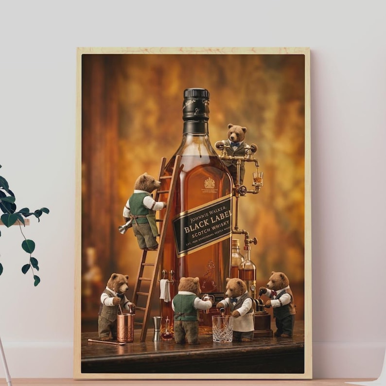 May include: A framed wall art print featuring a large bottle of Johnnie Walker Black Label Scotch Whisky surrounded by five small anthropomorphic bears wearing vests and bow ties, with one bear climbing a wooden ladder against the bottle.