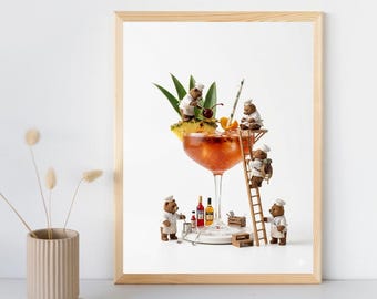 Miniature Bears Making a Jungle Bird, Whimsical 3D Render, Home Bar Wall Decor, Art Print