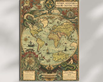 Antique World Map, Vintage Fantasy Illustration, Home Office Wall Decor, Art Print