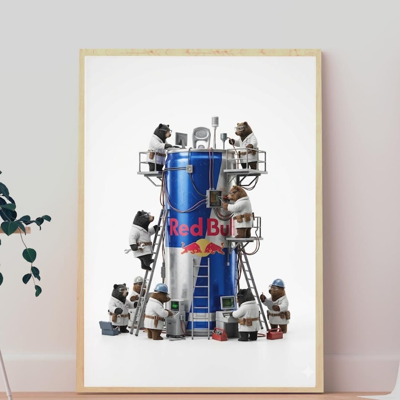 May include: A framed art print featuring a large blue and silver Red Bull energy drink can surrounded by several brown bears wearing white lab coats and safety gear. The bears are depicted working on the can with tools, ladders, and computers.