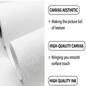 May include: A white canvas roll with a textured surface. The image includes the text CANVAS DETAILS, CANVAS AESTHETIC, Making the picture full of texture, HIGH-QUALITY CANVAS, Bringing you smooth surface touch, HIGH QUALITY INK, and Non-toxic, odourless fade resistance.