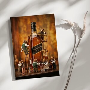 May include: A rectangular print featuring a Johnnie Walker Black Label Scotch Whisky bottle surrounded by five small bear figures wearing vests and bow ties. The bears are interacting with a copper pipe system and a wooden ladder around the bottle.