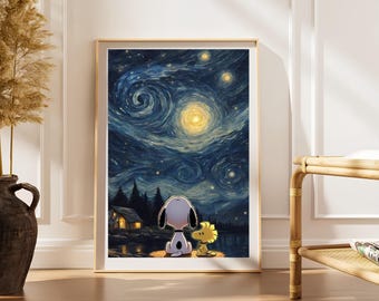Snoopy Starry Night Van Gogh Print, Peanuts Art Mashup Poster, Bedroom Wall Decor, Art Print
