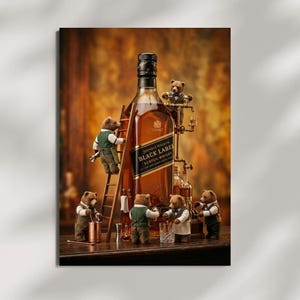 May include: A large bottle of Johnnie Walker Black Label Scotch Whisky surrounded by five small bear figurines dressed in vests. One bear climbs a wooden ladder against the bottle, while others stand on the surface with glassware and bar tools.