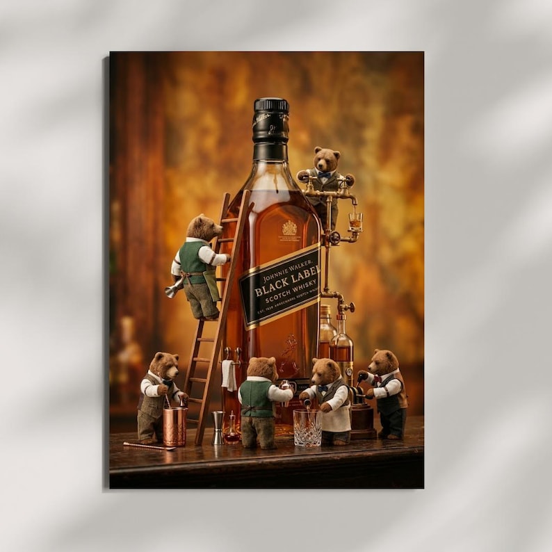 May include: A large bottle of Johnnie Walker Black Label Scotch Whisky surrounded by five small bear figurines dressed in vests. One bear climbs a wooden ladder against the bottle, while others stand on the surface with glassware and bar tools.