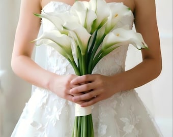 Modern Calla Lily Hand-Held Bridal Bouquet， Sleek Wedding Flower Arrangement with Metallic Stem Wrap