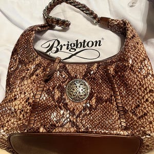 Vintage Brighton Nora Hobo Bag • Pristine Python Embossed Leather Shoulder Purse in Metallic Bronze Brown • Y2K Western Boho Chic • Mint