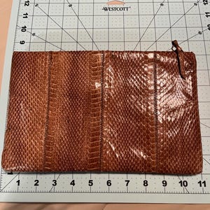 1980s Clemente Genuine Snakeskin Clutch | Vintage Caramel Brown Exotic Leather Envelope Pouch Bag | Boho Chic Retro 80s Designer Purse
