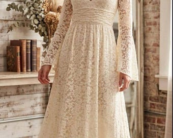 Ivory Lace Maxi Dress | Boho Bell Sleeve Wedding Gown for Women