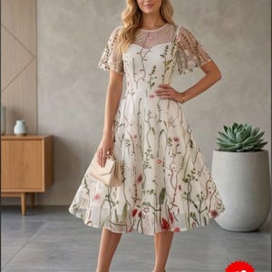 floral tea party dress women Romantic Vintage Floral Midi Dress Pink Puff Sleeve Embroidered Dress  Cottagecore A Line Tea Party Dress  Elegant Lace Trim Tencel Dress