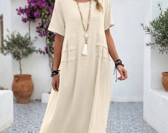 Vestido midi de mezcla de lino / Vestido bohemio informal de verano con corte en A y manga corta