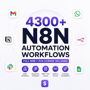以下が含まれることがあります： 4300+ N8N AUTOMATION WORKFLOWSおよびFULL MRR + PLR LICENSE INCLUDEDというテキストが記載されたデジタル画像。円状に配置された様々なソフトウェアアイコンと、その下にプラグアンドプレイテンプレートなどの機能を示す5つの紫色の円形アイコンが表示されています。