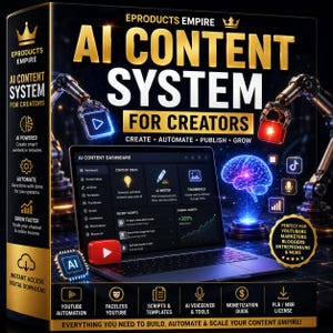 May include: A digital product box for the AI Content System for Creators, featuring a laptop displaying an AI content dashboard, robotic arms, a glowing blue brain, and text detailing features like YouTube automation, scripts, and templates.