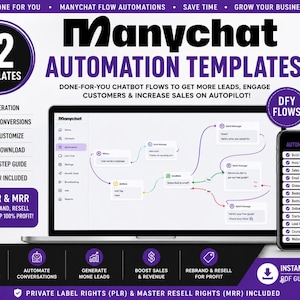May include: A digital marketing graphic featuring 12 Manychat automation templates. The display shows a laptop screen with a chatbot flow diagram and a smartphone screen listing automation flows. Text includes Done For You, PLR, and MRR.