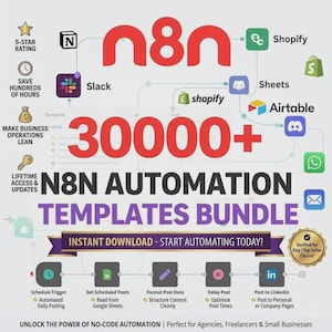 May include: A digital graphic for an N8N automation templates bundle featuring the red N8N logo, the text 30000+ N8N AUTOMATION TEMPLATES BUNDLE, and various software icons connected by flow lines. Includes text about 5-star ratings and lifetime access.