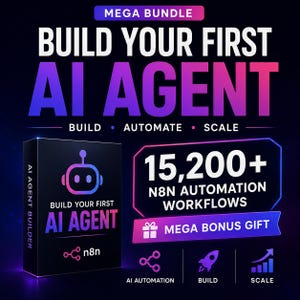 以下が含まれることがあります： Build Your First AI Agentと題されたデジタル製品バンドル。ロボットのアイコンが描かれた黒い箱と、15,200+ N8N Automation Workflowsというテキストが特徴です。紫と青のグラデーションカラーで、自動化、構築、拡張のアイコンが配置されています。