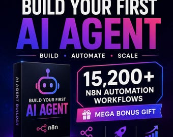 Könnte beinhalten: Ein digitales Produktpaket mit dem Titel Build Your First AI Agent, bestehend aus einer schwarzen Box mit Robotersymbol und dem Text 15,200+ N8N Automation Workflows. Das Design verwendet einen violetten und blauen Farbverlauf mit Automatisierungssymbolen.