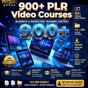 Pode incluir: Um pacote digital com mais de 900 cursos em vídeo PLR para treinamento de negócios e marketing. O gráfico exibe laptops, tablets e smartphones com interfaces de vídeo, texto dourado e ícones para download instantâneo, PLR, MRR e revenda.