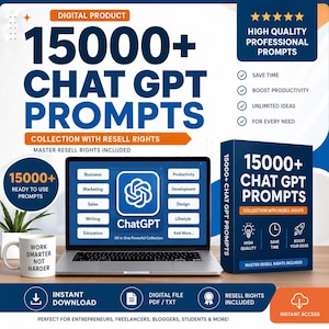 Könnte beinhalten: Eine digitale Produktwerbung für 15000+ ChatGPT-Prompts mit einem Laptop, der das ChatGPT-Logo anzeigt, einer Box mit der Aufschrift 15000+ CHAT GPT PROMPTS und einer weißen Tasse mit dem Text WORK SMARTER NOT HARDER. Inklusive Download-Symbolen.