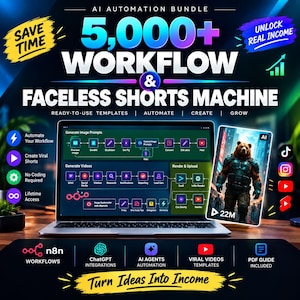 Puede incluir: Un paquete de productos digitales titulado AI Automation Bundle 5,000+ Workflow & Faceless Shorts Machine. El gráfico muestra una computadora portátil con diagramas de flujo, una imagen de un oso e iconos de n8n, ChatGPT y redes sociales.