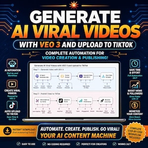 AI viral videogenerator för TikTok, Veo 3-prompter, arbetsflöde för automatisk uppladdning
