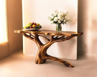 Live Edge Solid Wood Console Table | Sculptural Tree Root Base Entry Table