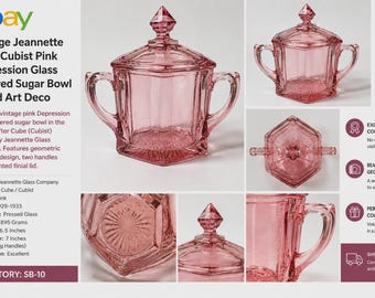 SB-10--Vintage Jeannette Cube Cubist Pink Depression Glass Covered Sugar Bowl w Lid Art Deco 1929-1933 Collectible Glassware