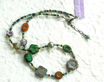 Czech glass bead necklace in greens and neutrals