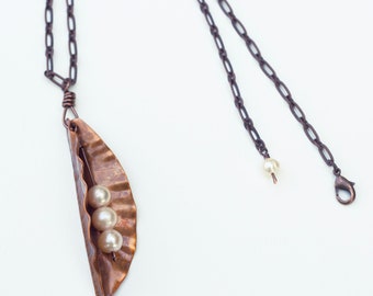 Torched Copper Pea Pod and Pearl Necklace