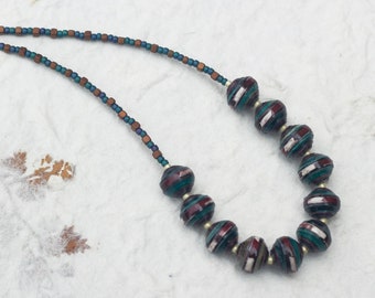 Teal, red, and white wrapped bead necklace