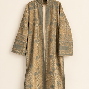 Long Suzani Embroidered Kimono Jacket, Floral Velvet Duster, Free Size Boho Layering Piece