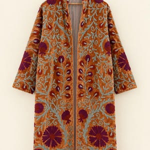 Long Suzani Kimono Jacket, Rust Orange Embroidered Velvet Coat, Floral Boho Duster, Free Size Statement Jacket, Artisan Ethnic Outerwear